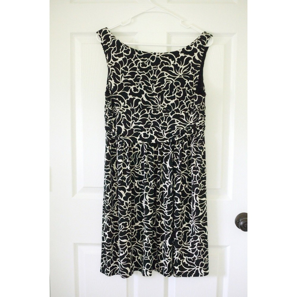 LOFT Sz M Womens Dress Black White Floral Sleeveless Round Neck Gathered Waist - Picture 8 of 12